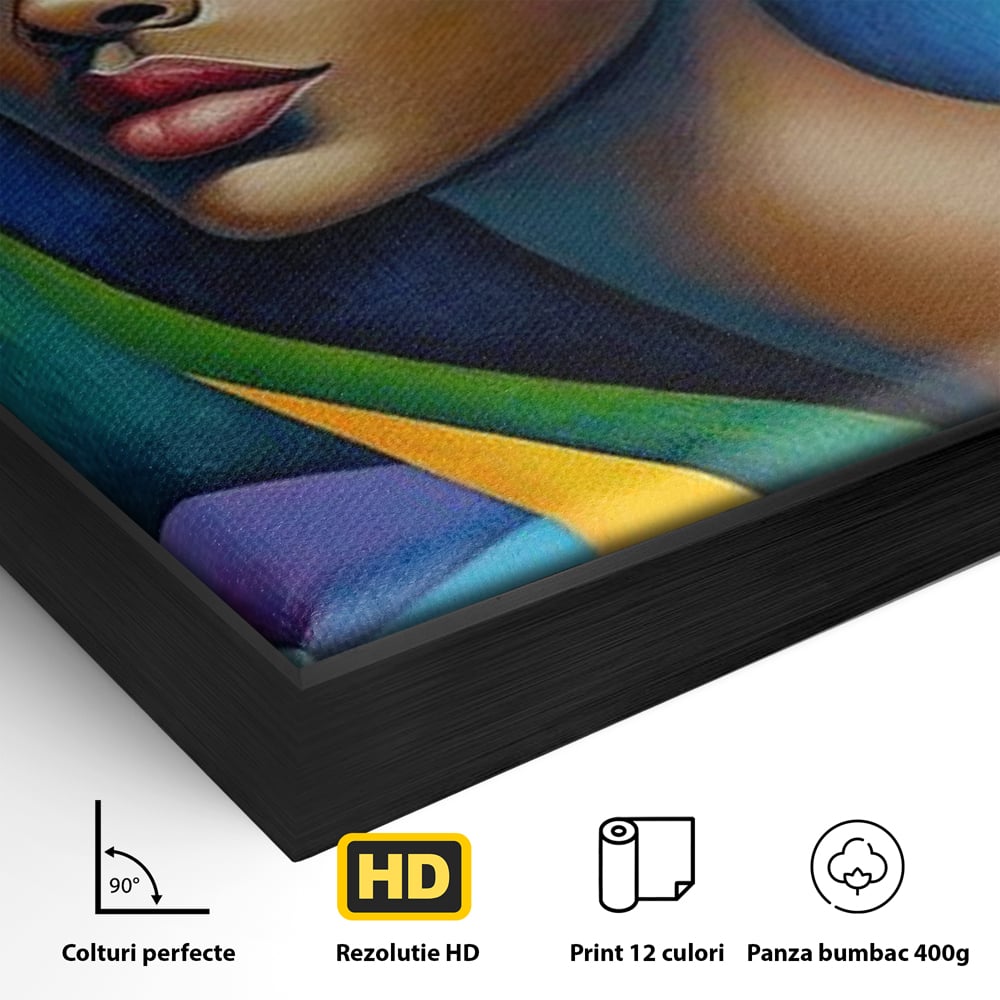 Detaliu al suprafetei: tablou canvas cu portret feminin geometric, in rama de aluminiu negru